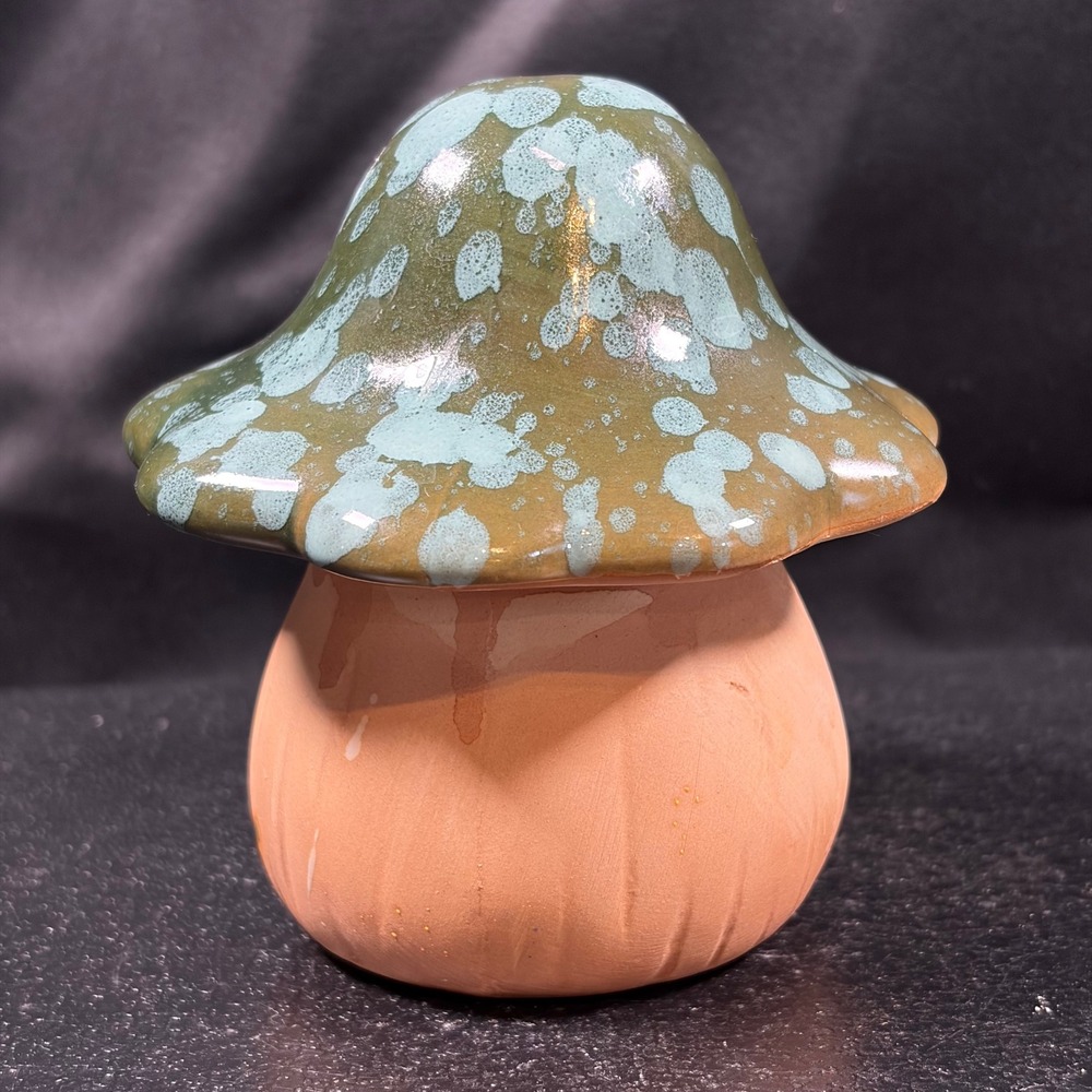 Studio Pottery Mushroom Figurine Glazed Green Blue Terracotta Folk Art 4"